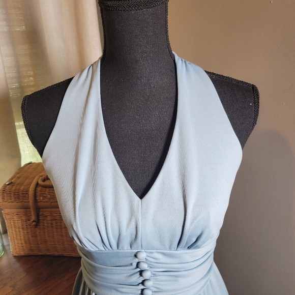VINTAGE 70'S PALE BLUE RUFFLE HALTER CORSET WAIST MAXI DRESS - Picture 4 of 10